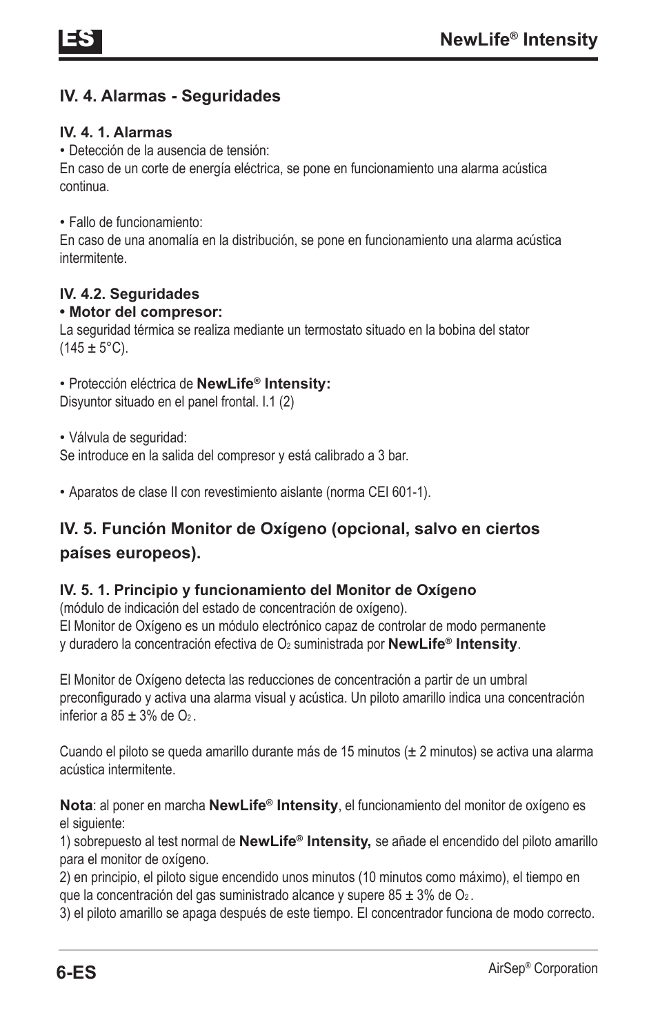 Newlife, Intensity, Iv. 4. alarmas - seguridades | AirSep MN139-1 User Manual | Page 38 / 144