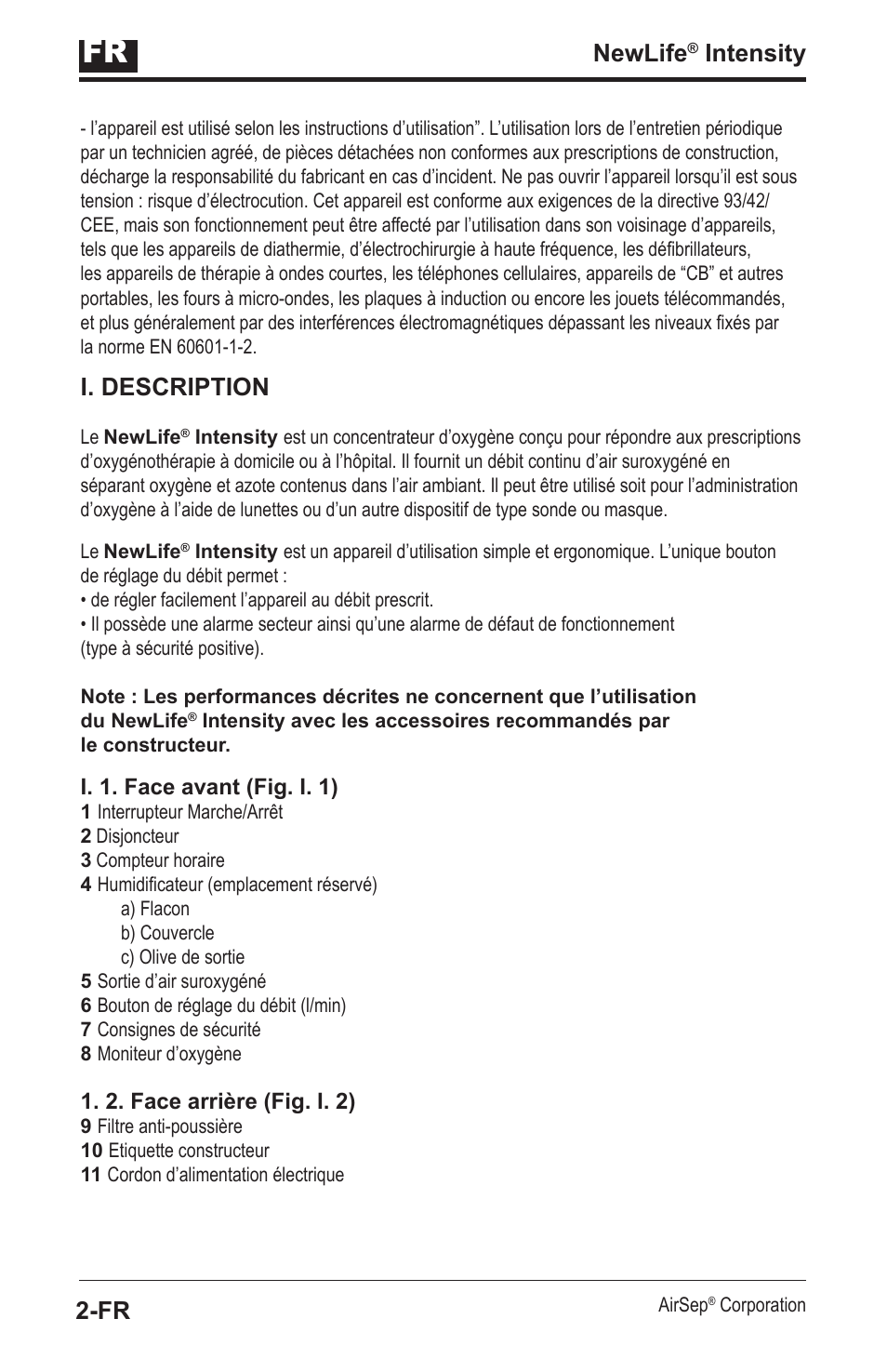 Newlife, Intensity 2-fr, I. description | AirSep MN139-1 User Manual | Page 6 / 144