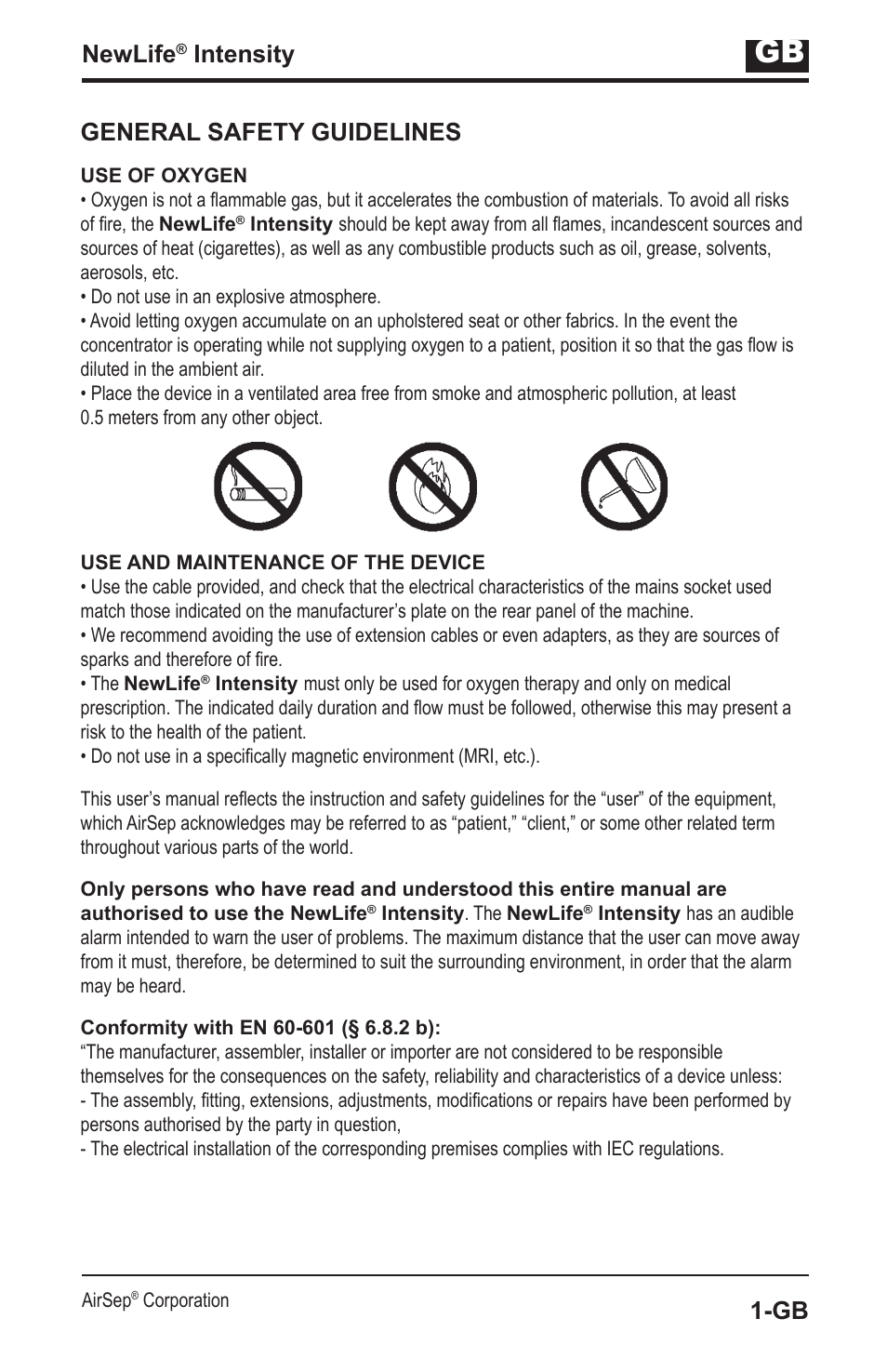 Newlife, Intensity, General safety guidelines | AirSep MN139-1 User Manual | Page 61 / 144