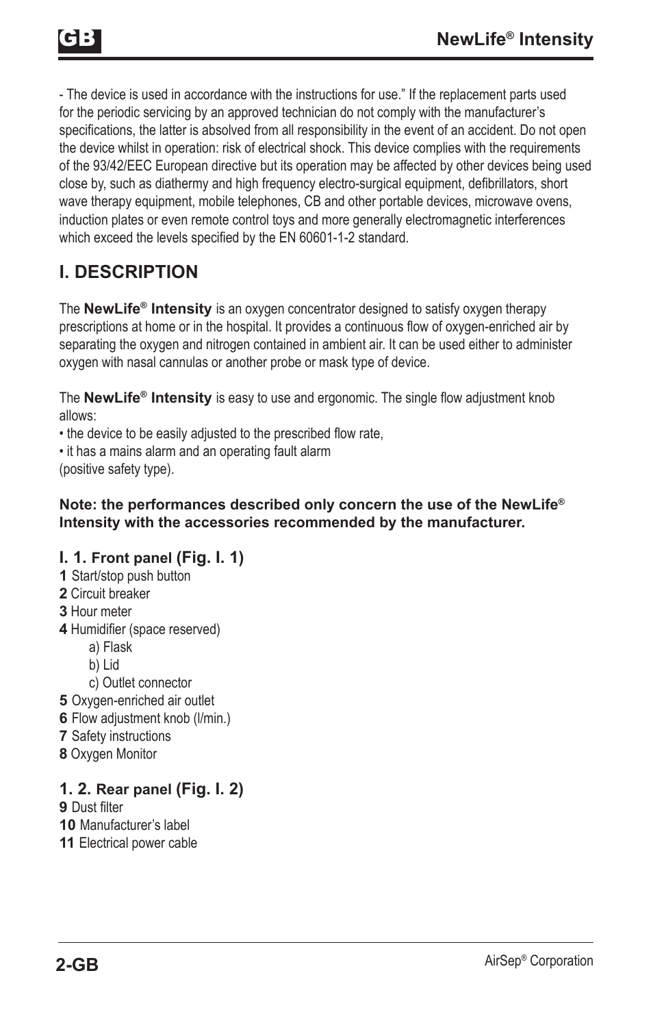 Newlife, Intensity, I. description | AirSep MN139-1 User Manual | Page 62 / 144