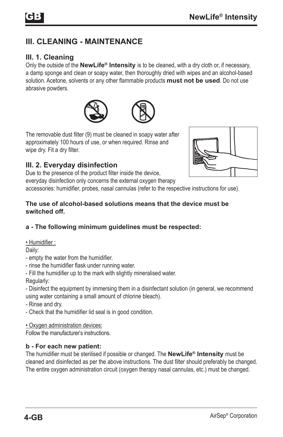 Newlife, Intensity iii. cleaning - maintenance | AirSep MN139-1 User Manual | Page 64 / 144
