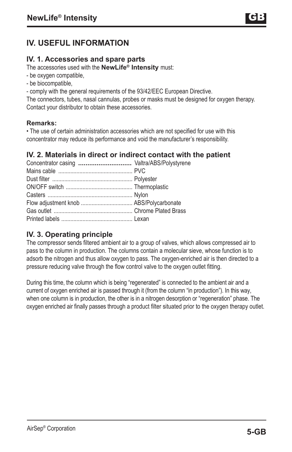 Newlife, Intensity, Iv. useful information | AirSep MN139-1 User Manual | Page 65 / 144