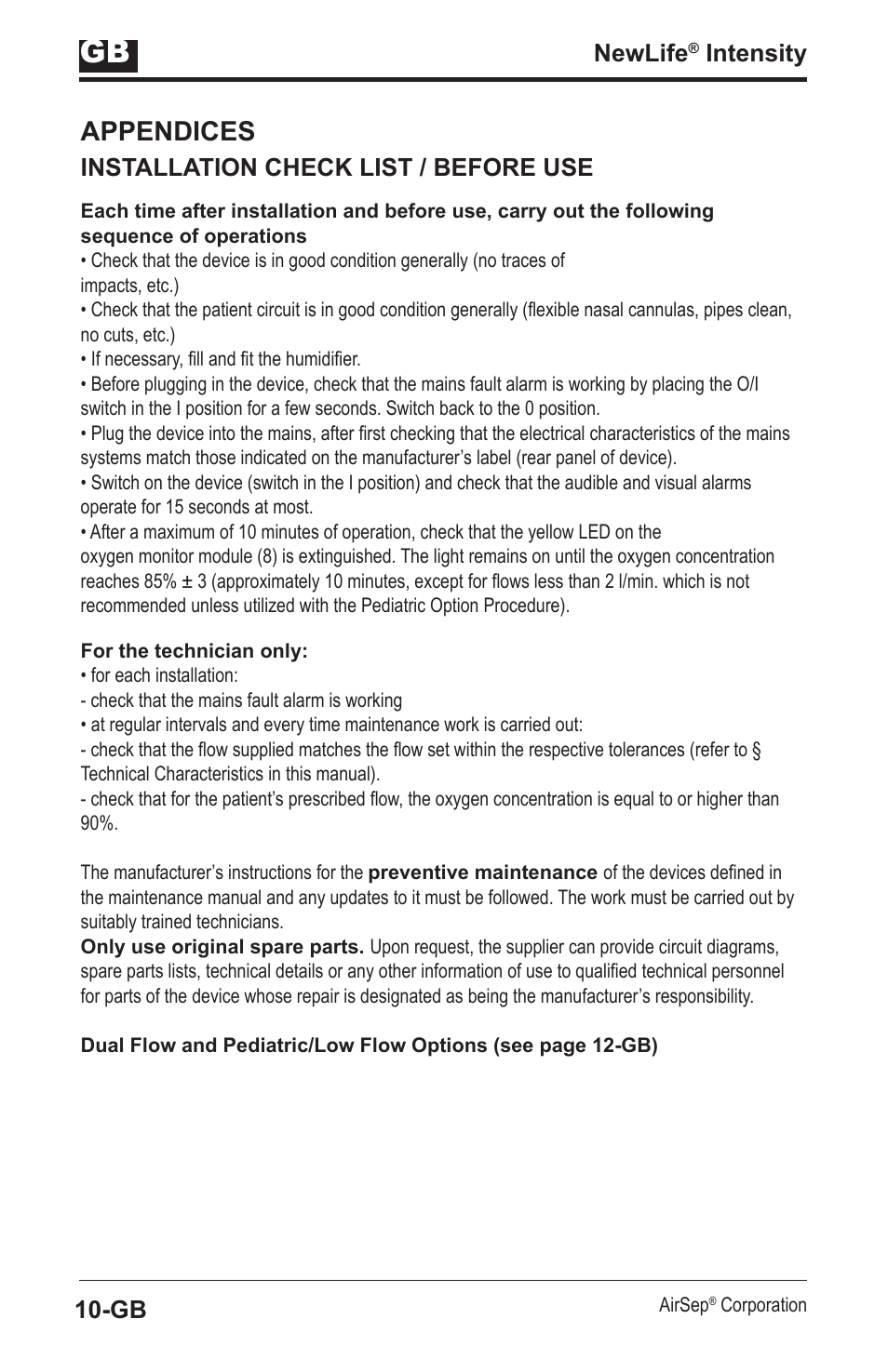 Appendices, Newlife, Intensity | Installation check list / before use | AirSep MN139-1 User Manual | Page 70 / 144