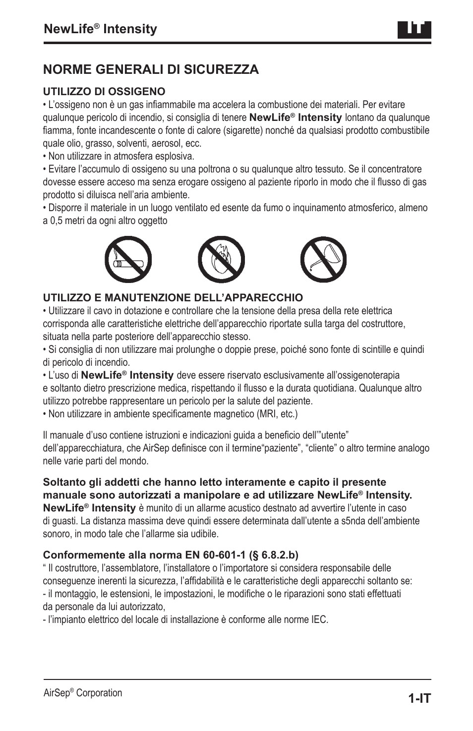 Newlife, Intensity, Norme generali di sicurezza | AirSep MN139-1 User Manual | Page 75 / 144