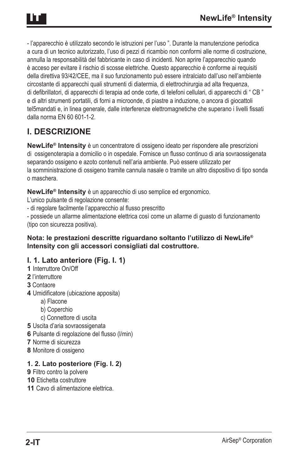 Newlife, Intensity, I. descrizione | AirSep MN139-1 User Manual | Page 76 / 144