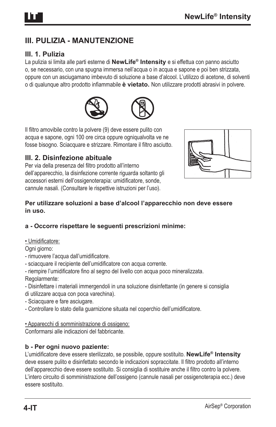 Newlife, Intensity iii. pulizia - manutenzione | AirSep MN139-1 User Manual | Page 78 / 144