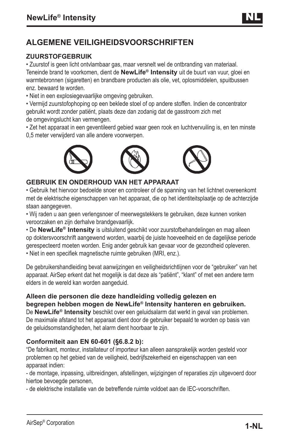 Newlife, Intensity, Algemene veiligheidsvoorschriften | AirSep MN139-1 User Manual | Page 89 / 144