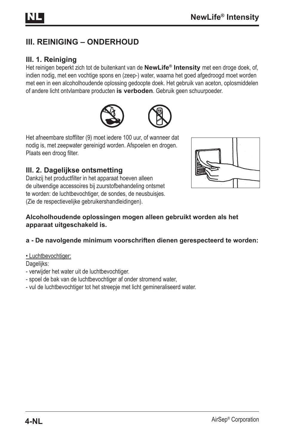 Newlife, Intensity iii. reiniging – onderhoud | AirSep MN139-1 User Manual | Page 92 / 144