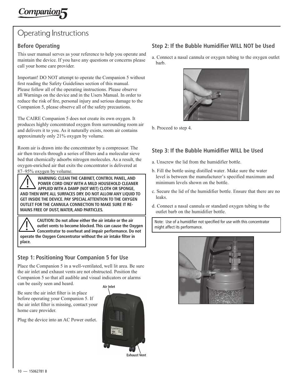 Operating instructions | AirSep 15062781 User Manual | Page 10 / 16