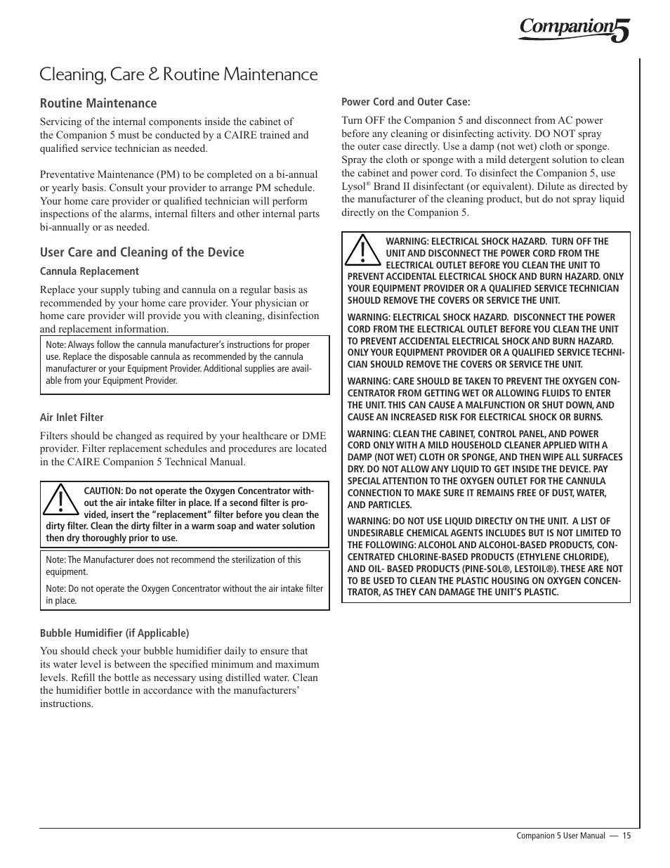 Cleaning, care & routine maintenance | AirSep 15062781 User Manual | Page 15 / 16