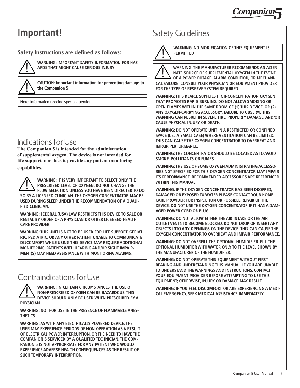 Important, Indications for use, Contraindications for use safety guidelines | AirSep 15062781 User Manual | Page 7 / 16