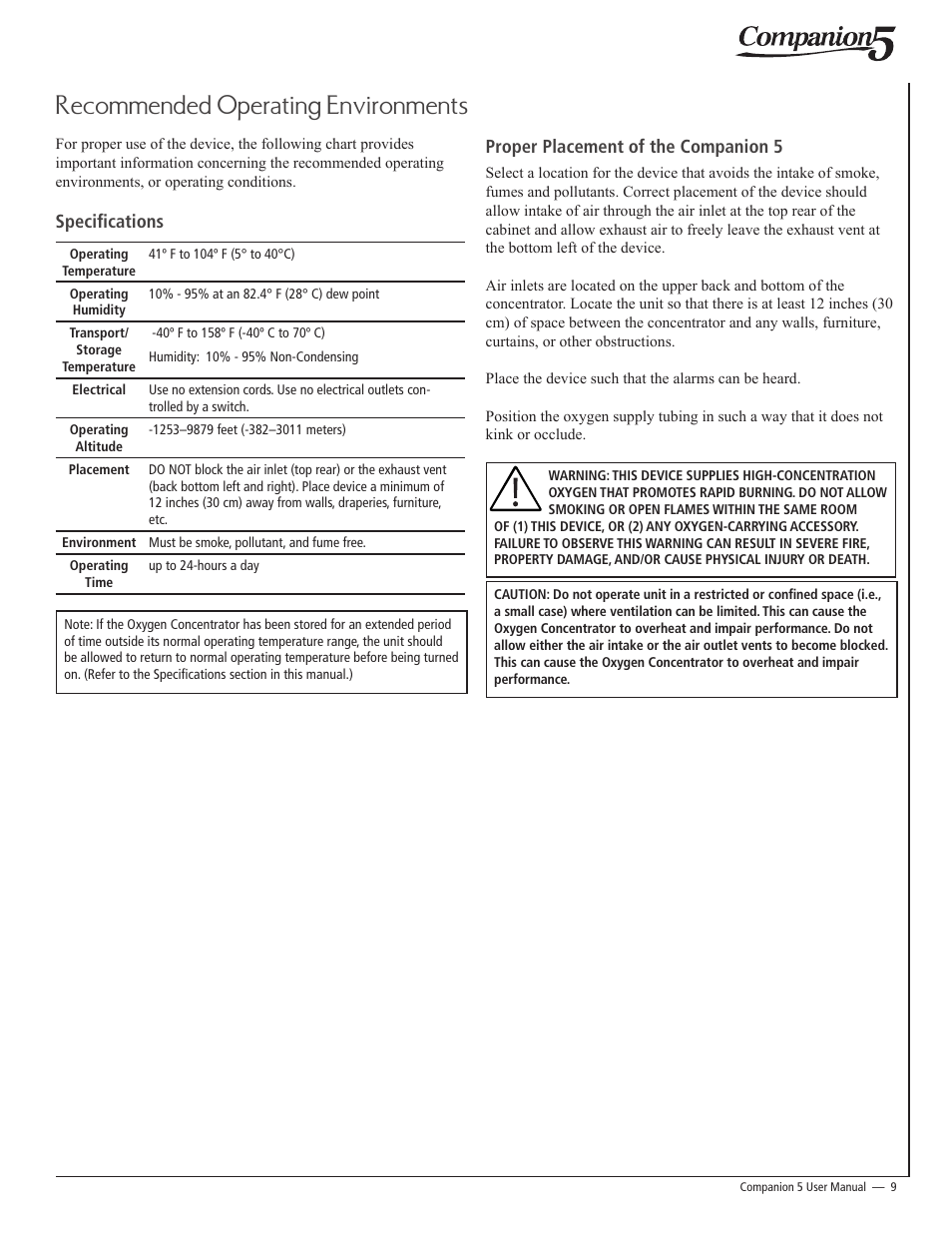 Recommended operating environments | AirSep 15062781 User Manual | Page 9 / 16