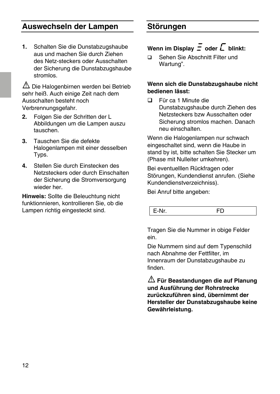 Auswechseln der lampen, Störungen | Neff I99C68N0 User Manual | Page 12 / 84