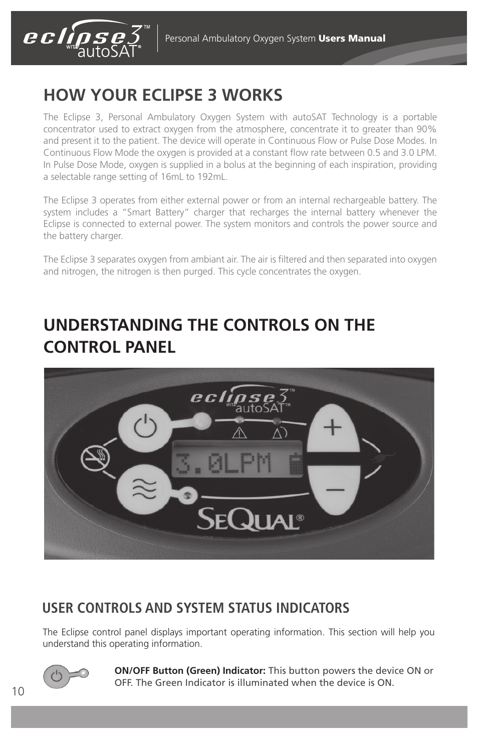 How your eclipse 3 works, Understanding the controls on the control panel, User controls and system status indicators | AirSep 4111-7 User Manual | Page 10 / 95