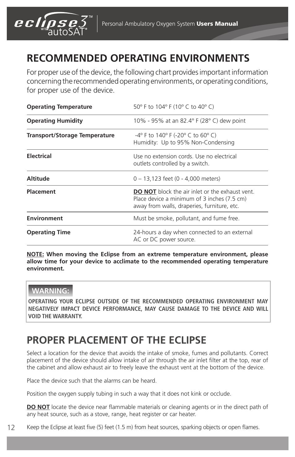 Recommended operating environments, Proper placement of the eclipse, Warning | AirSep 4111-7 User Manual | Page 12 / 95