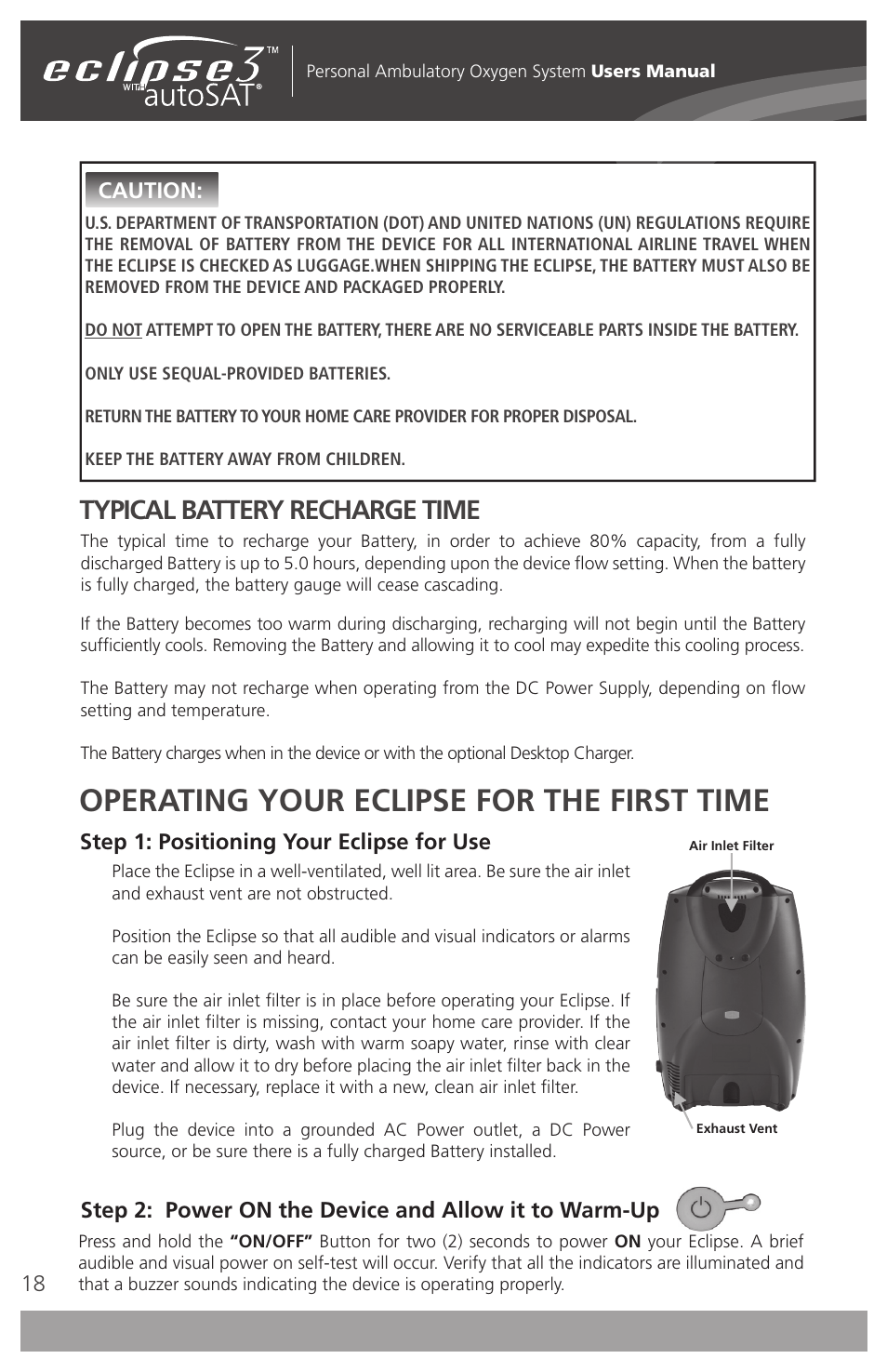 Operating your eclipse for the first time, Typical battery recharge time, Step 1: positioning your eclipse for use | Caution | AirSep 4111-7 User Manual | Page 18 / 95