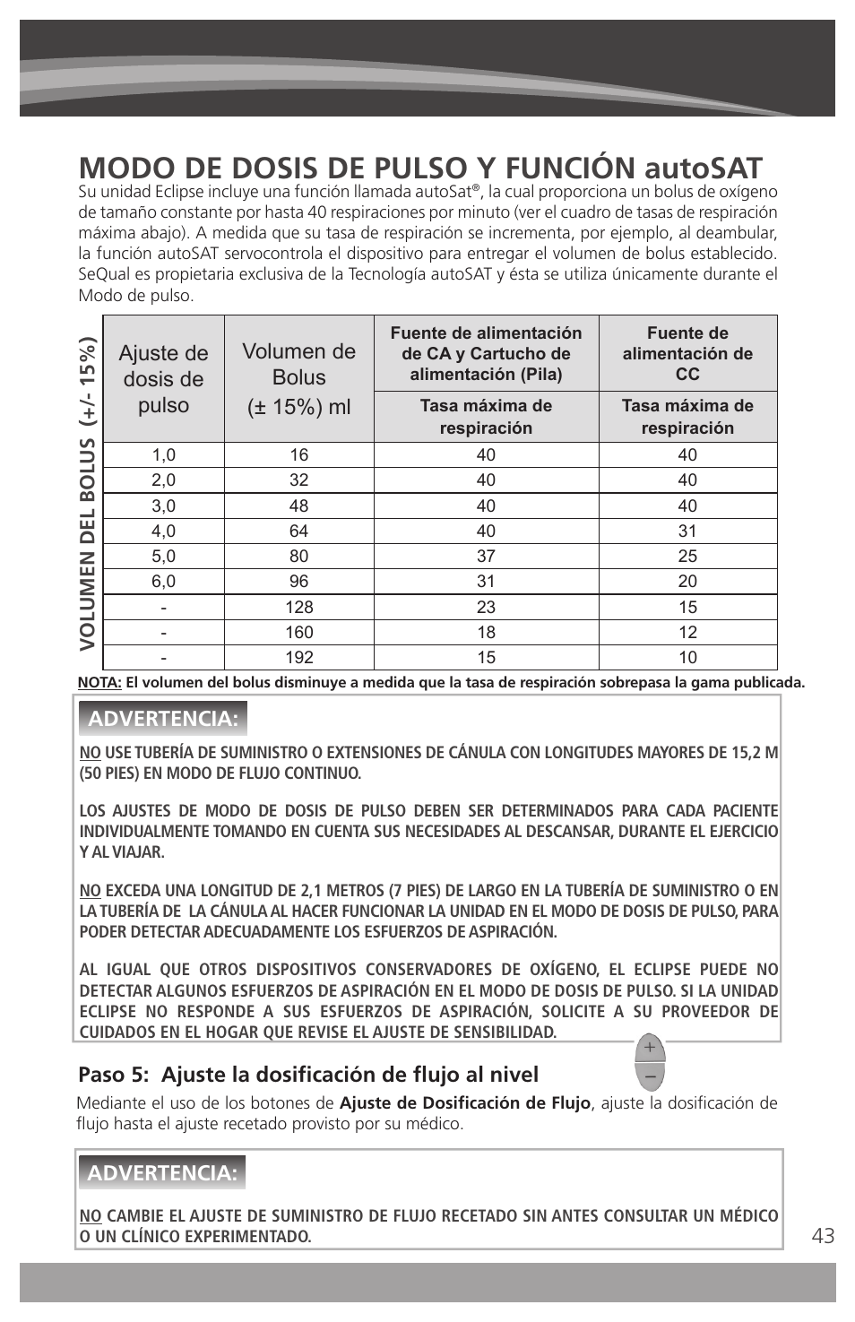 Modo de dosis de pulso y función autosat, Paso 5: ajuste la dosificación de flujo al nivel, Advertencia | AirSep 4111-7 User Manual | Page 43 / 95