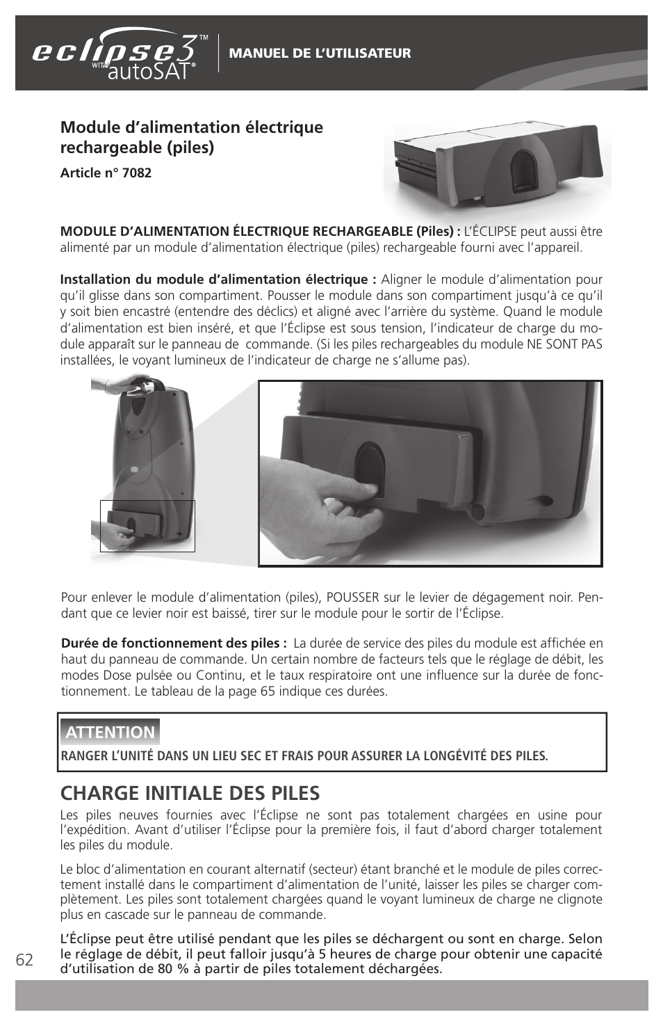 Charge initiale des piles | AirSep 4111-7 User Manual | Page 62 / 95