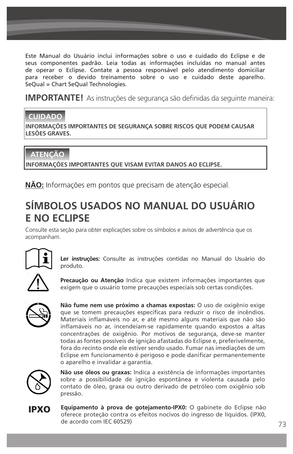 Símbolos usados no manual do usuário e no eclipse, Ipxo, Importante | AirSep 4111-7 User Manual | Page 73 / 95