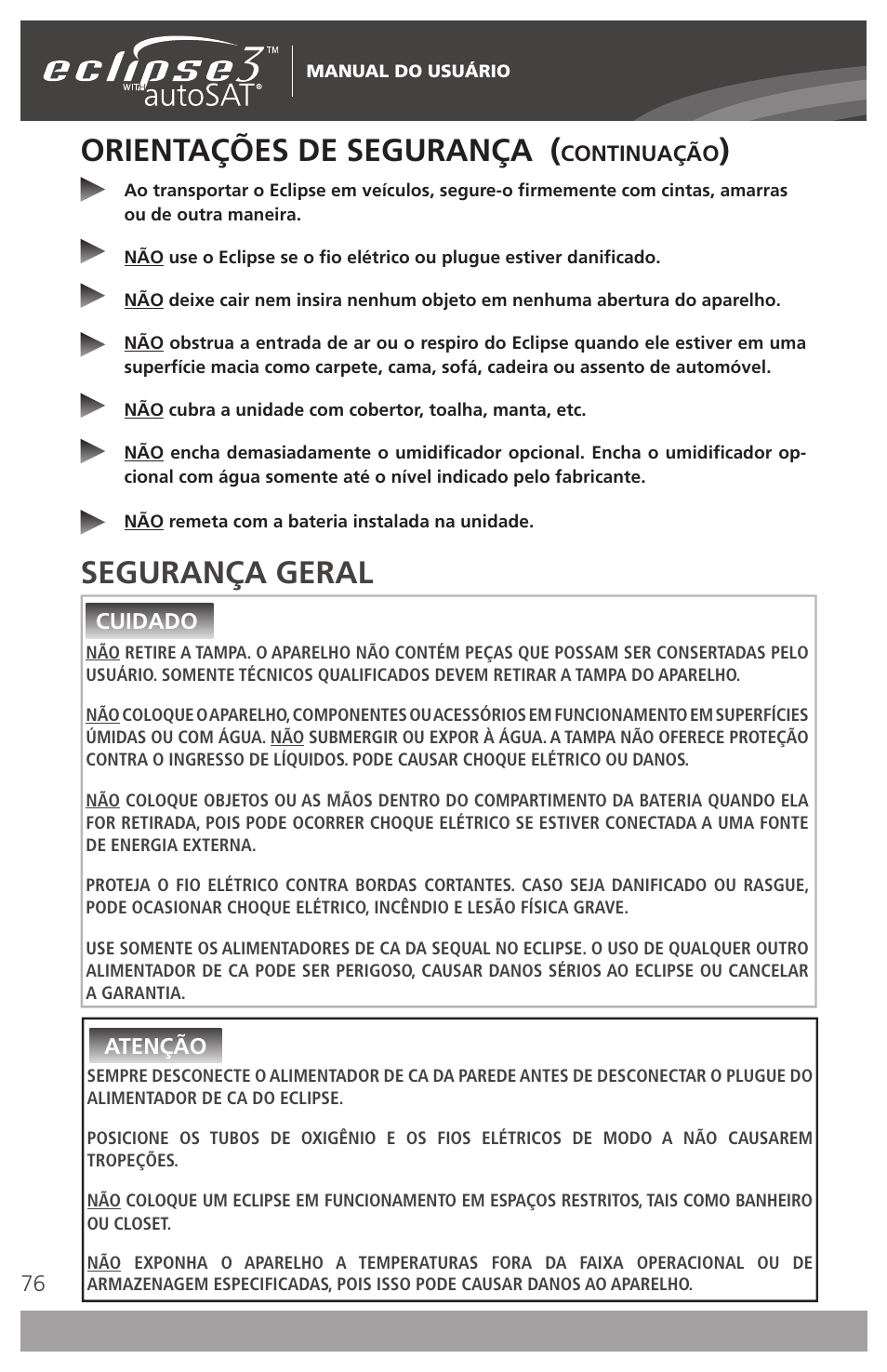 Orientações de segurança, Segurança geral | AirSep 4111-7 User Manual | Page 76 / 95