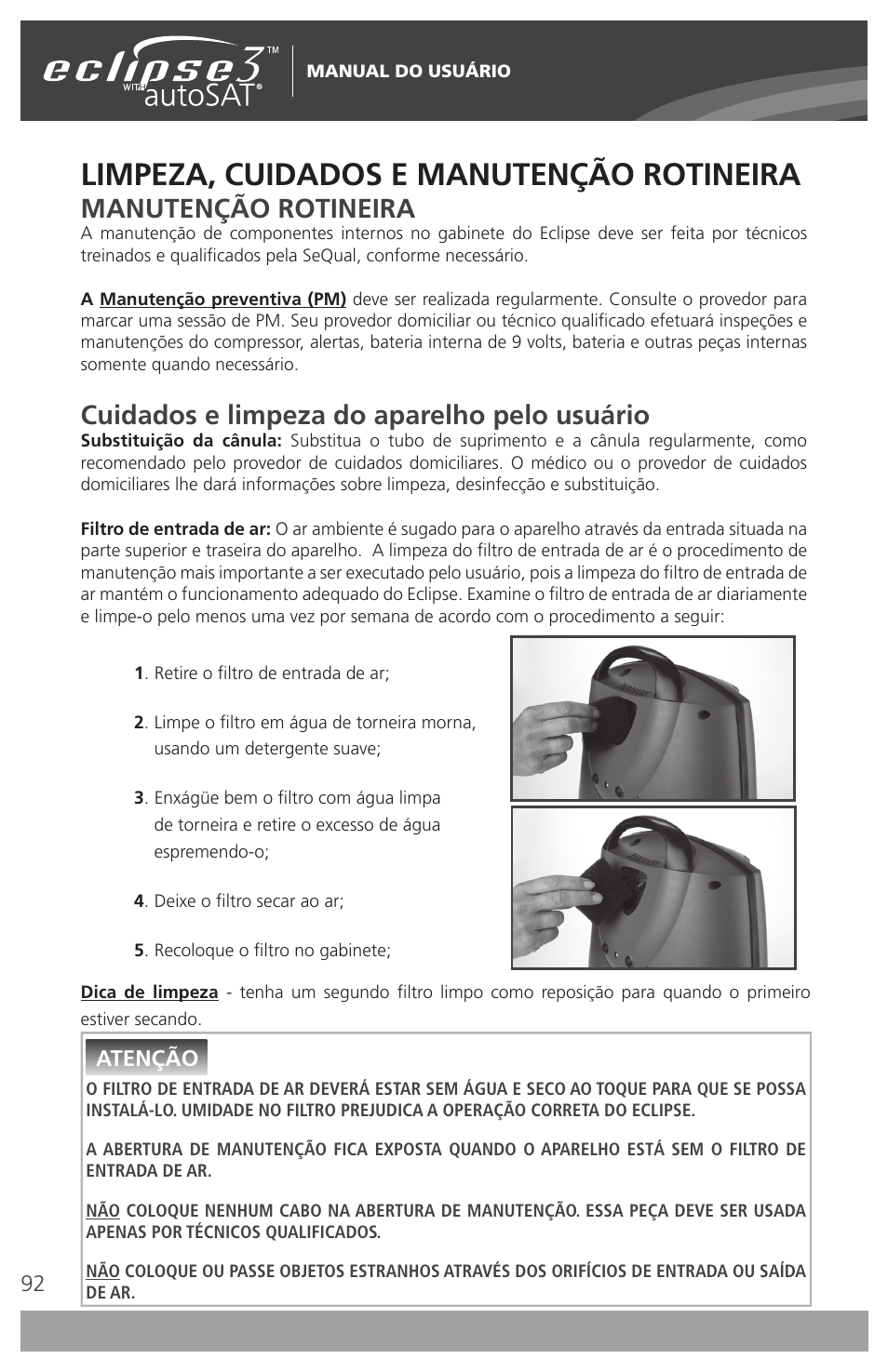 Limpeza, cuidados e manutenção rotineira, Manutenção rotineira, Cuidados e limpeza do aparelho pelo usuário | AirSep 4111-7 User Manual | Page 92 / 95