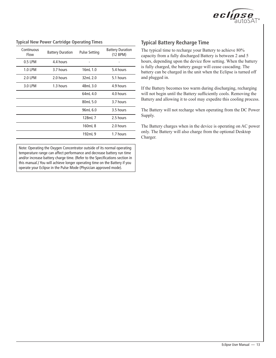 Typical battery recharge time | AirSep 20626704 User Manual | Page 13 / 24