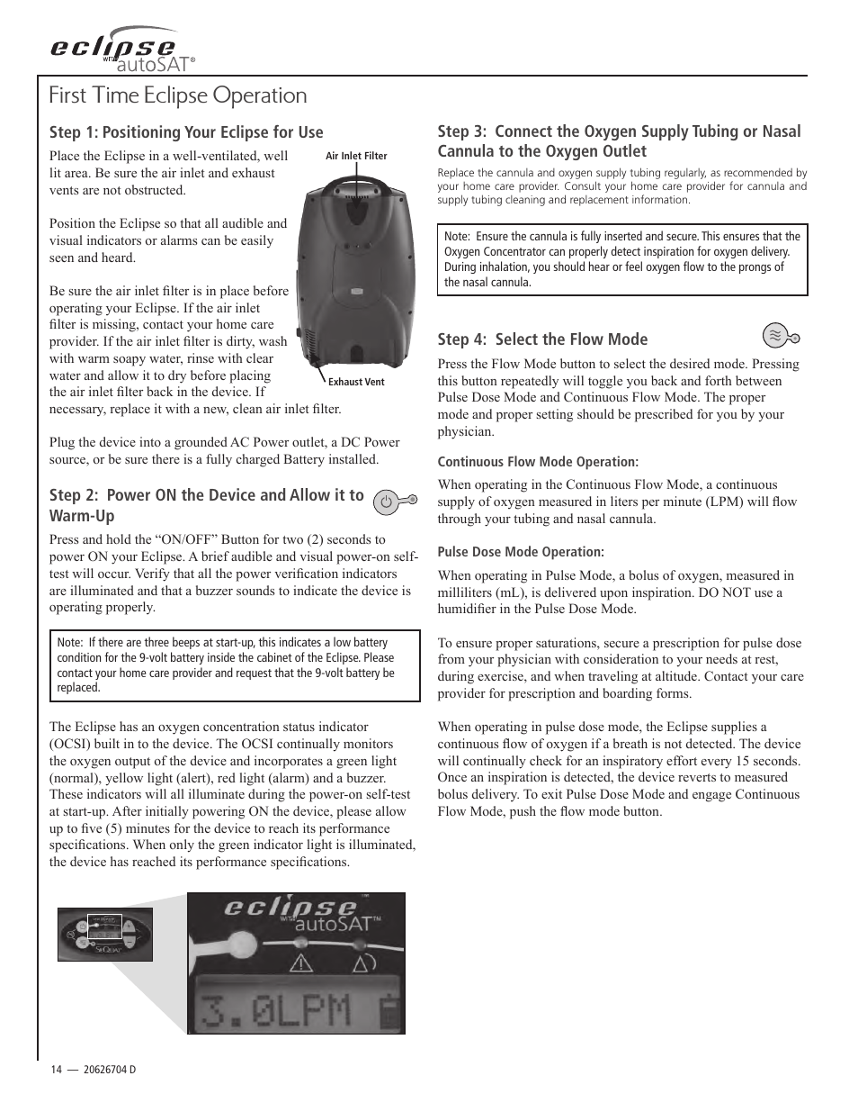 First time eclipse operation | AirSep 20626704 User Manual | Page 14 / 24