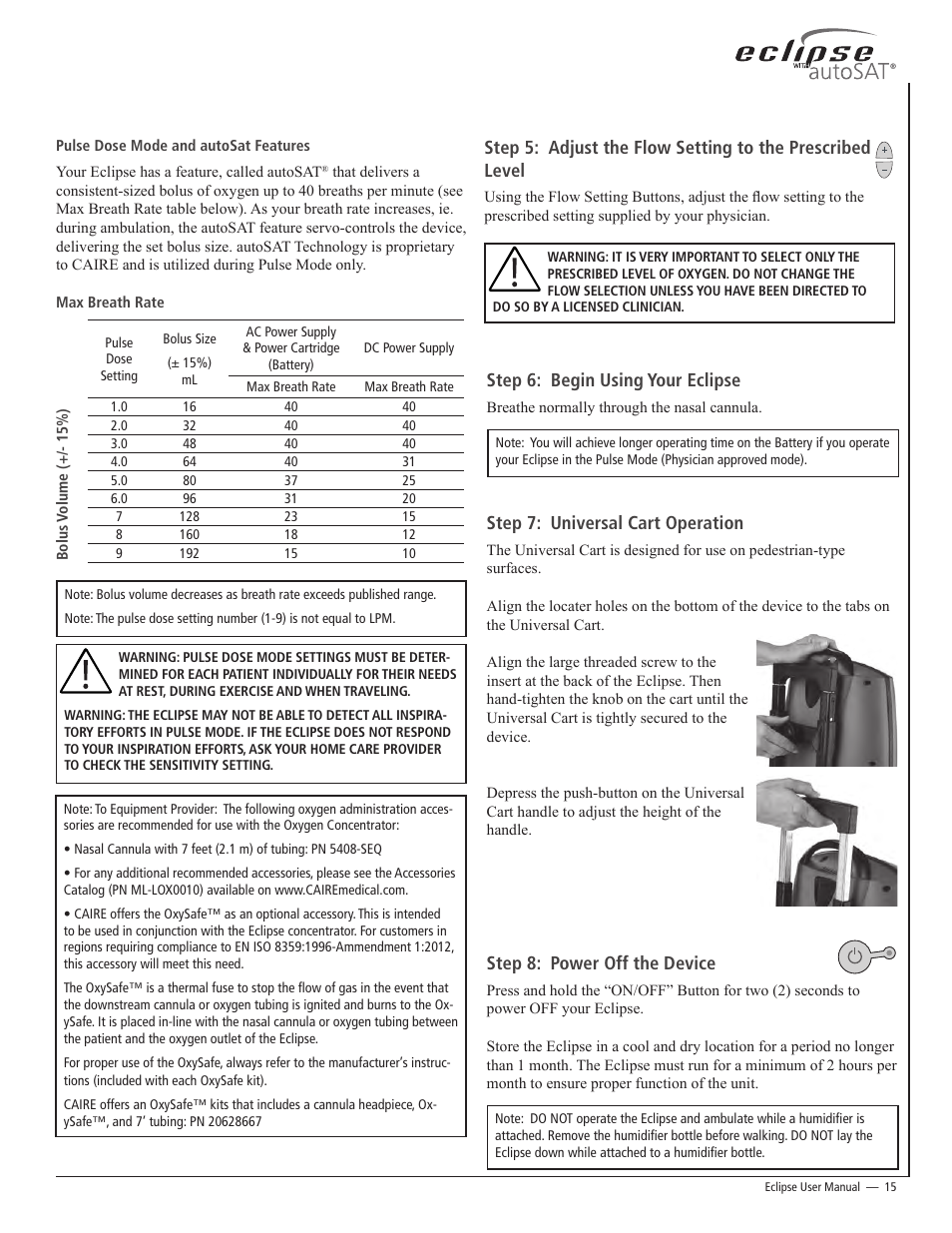 Step 6: begin using your eclipse, Step 7: universal cart operation, Step 8: power off the device | AirSep 20626704 User Manual | Page 15 / 24