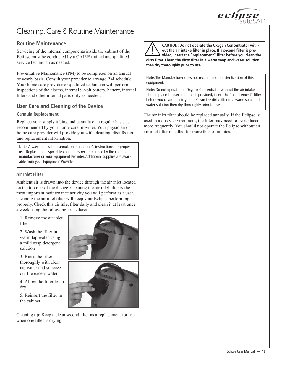 Cleaning, care & routine maintenance | AirSep 20626704 User Manual | Page 19 / 24