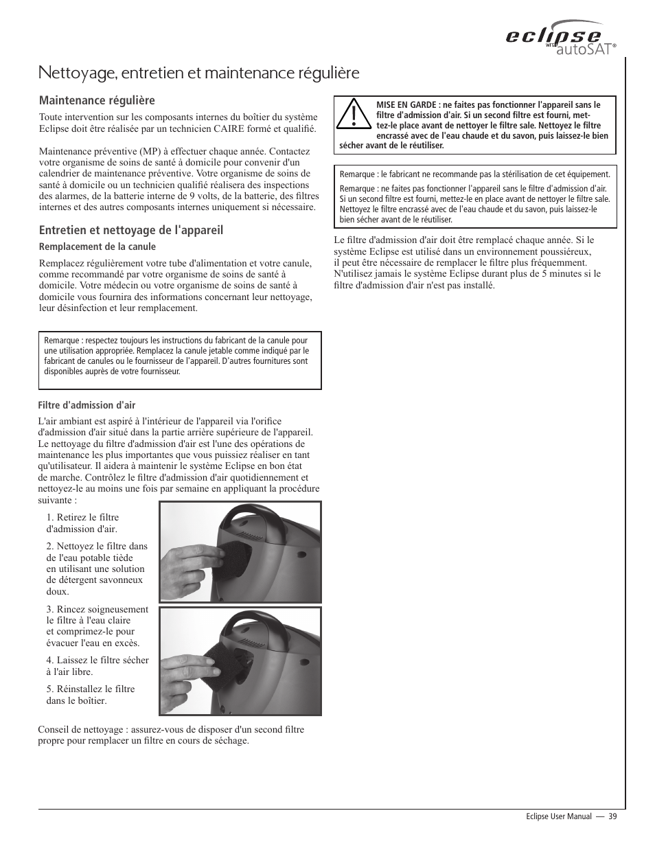 Nettoyage, entretien et maintenance régulière | AirSep 20626704-C1 User Manual | Page 39 / 154