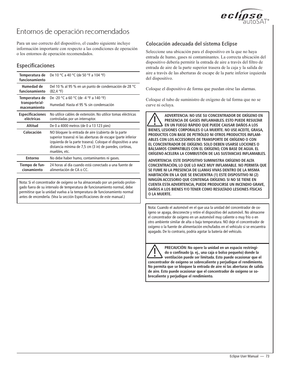 Entornos de operación recomendados, Especificaciones | AirSep 20626704-C1 User Manual | Page 73 / 154