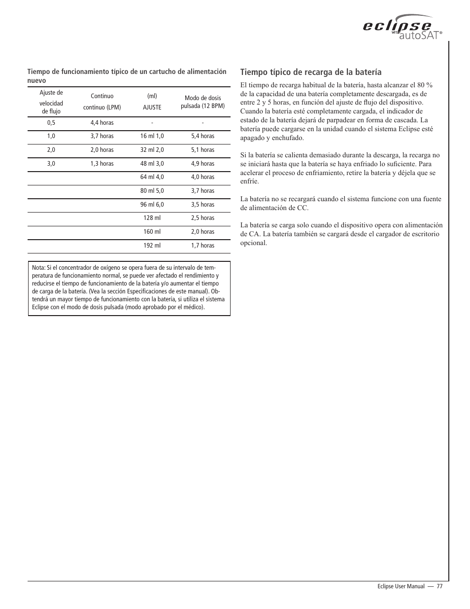 Tiempo típico de recarga de la batería | AirSep 20626704-C1 User Manual | Page 77 / 154