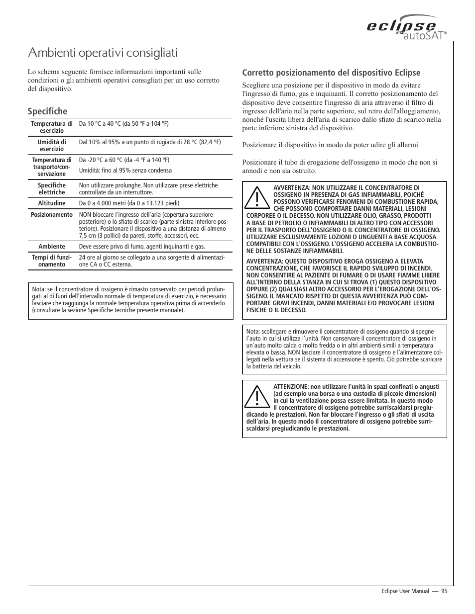 Ambienti operativi consigliati, Specifiche, Corretto posizionamento del dispositivo eclipse | AirSep 20626704-C1 User Manual | Page 95 / 154