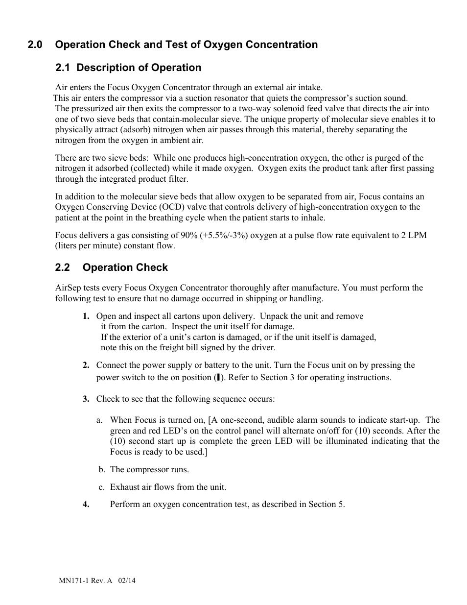 0 operation check and test of oxygen concentration, 1 description of operation, 2 operation check | AirSep MN171-1 User Manual | Page 10 / 23