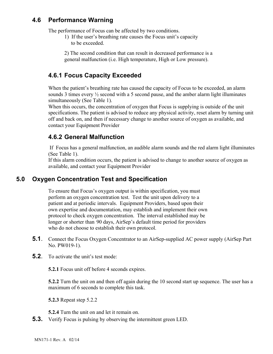 6 performance warning, 1 focus capacity exceeded, 2 general malfunction | 0 oxygen concentration test and specification | AirSep MN171-1 User Manual | Page 19 / 23