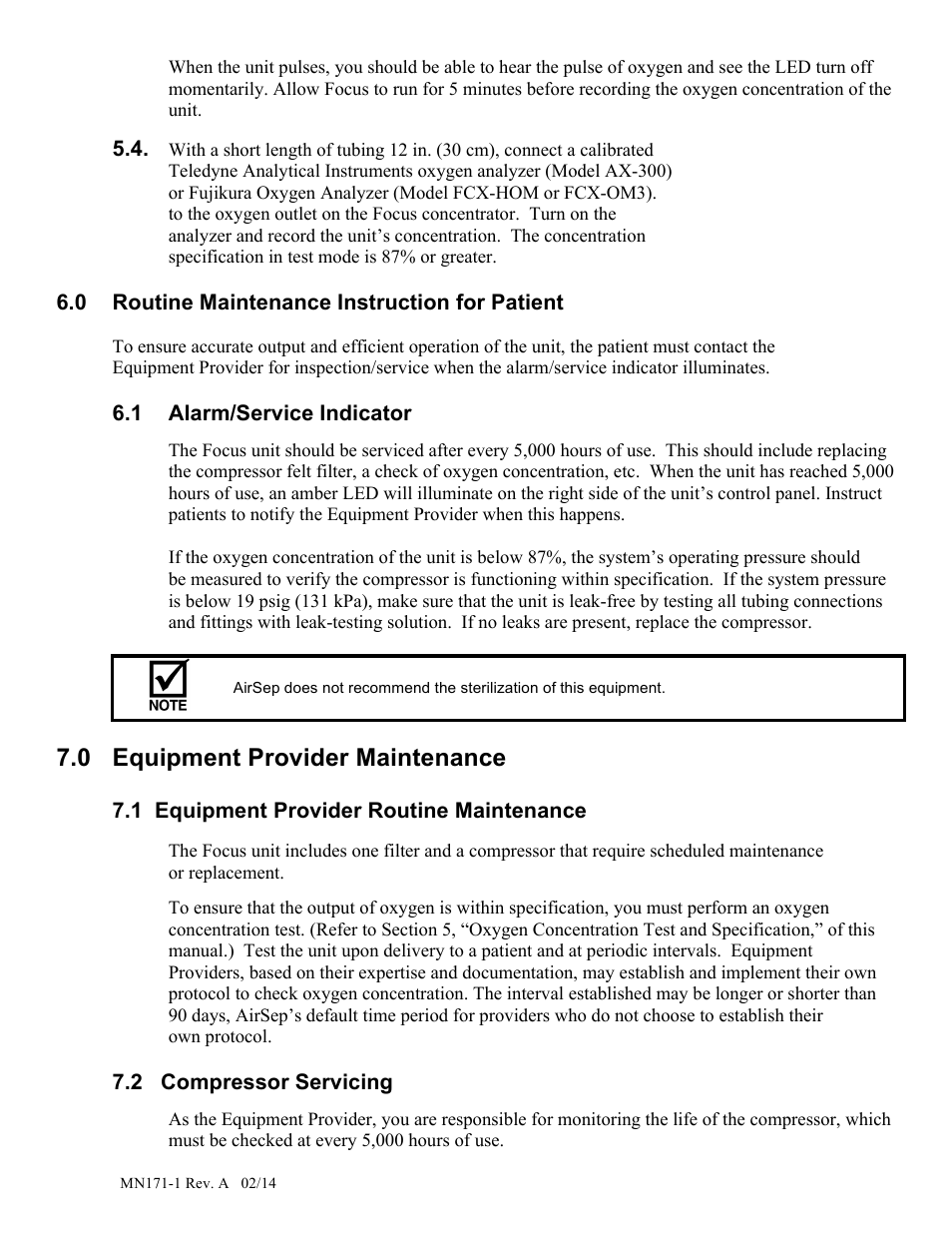 0 equipment provider maintenance, 0 routine maintenance instruction for patient, 1 alarm/service indicator | 1 equipment provider routine maintenance, 2 compressor servicing | AirSep MN171-1 User Manual | Page 20 / 23