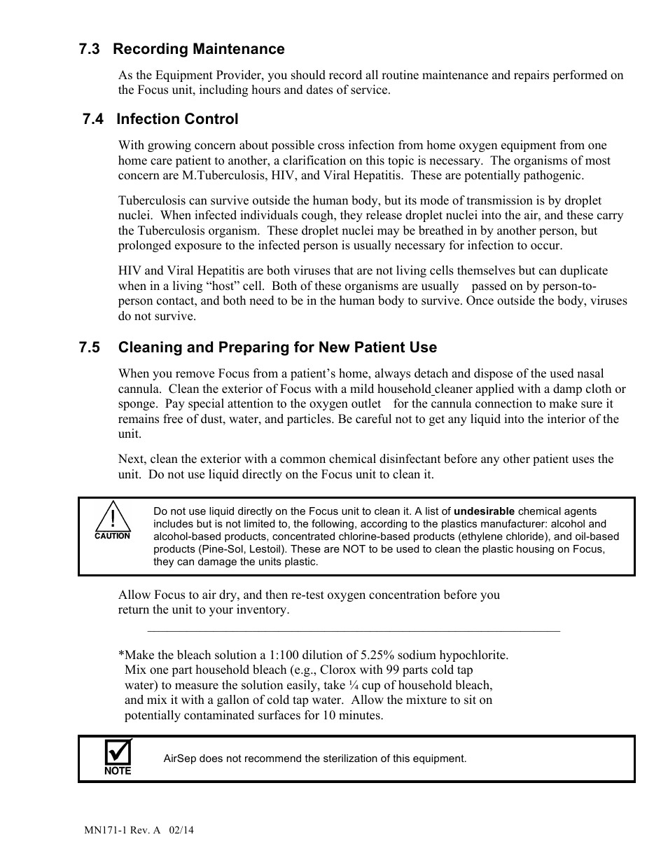 3 recording maintenance, 4 infection control, 5 cleaning and preparing for new patient use | AirSep MN171-1 User Manual | Page 21 / 23