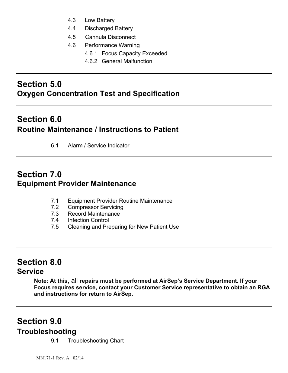 Oxygen concentration test and specification, Routine maintenance / instructions to patient, Equipment provider maintenance | Service, Troubleshooting | AirSep MN171-1 User Manual | Page 4 / 23