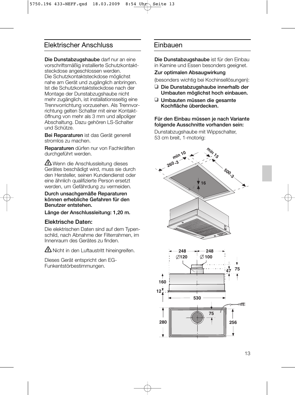 Elektrischer anschluss, Einbauen | Neff D5675X0 User Manual | Page 13 / 100