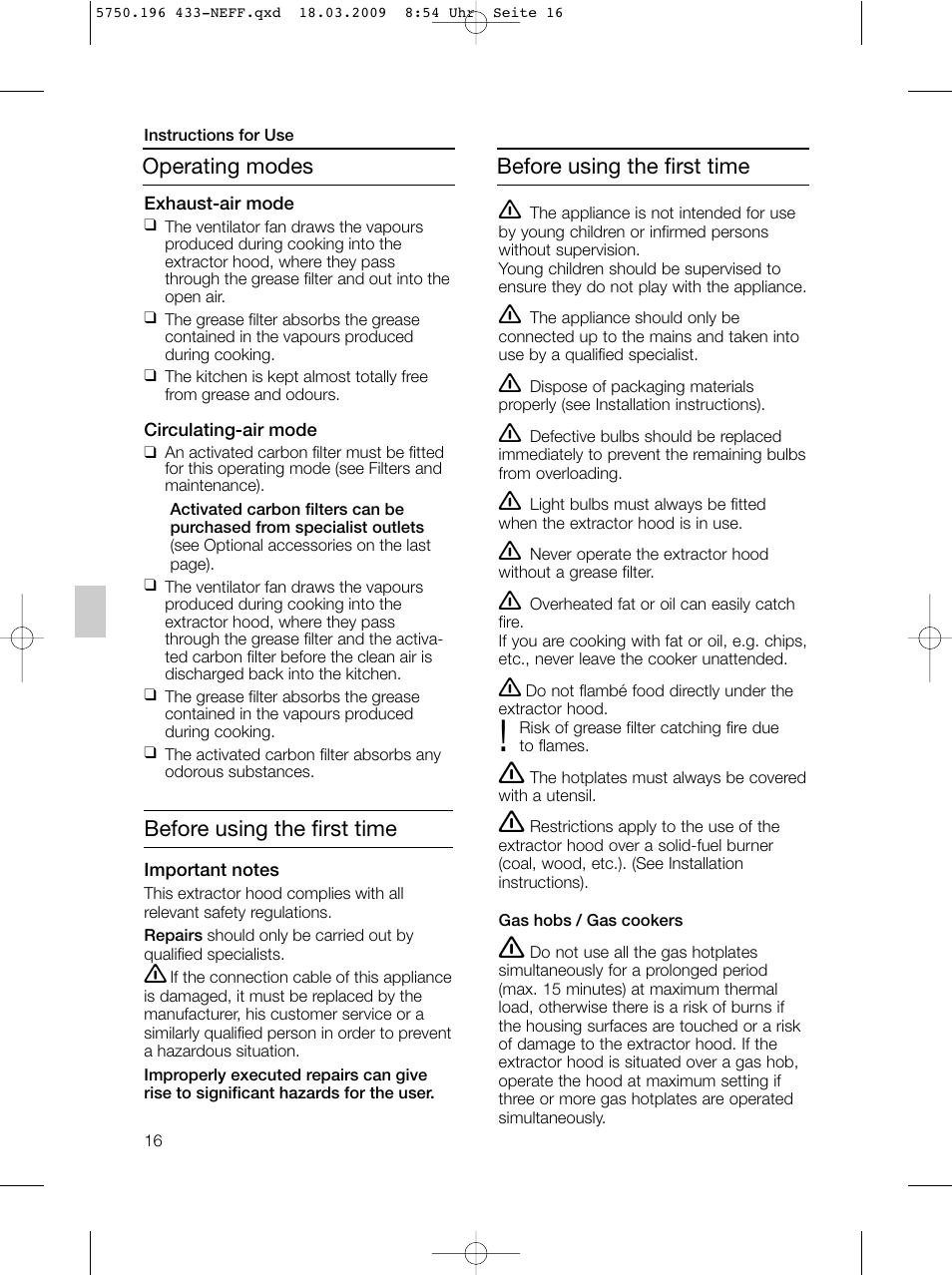 Before using the first time, Operating modes | Neff D5675X0 User Manual | Page 16 / 100