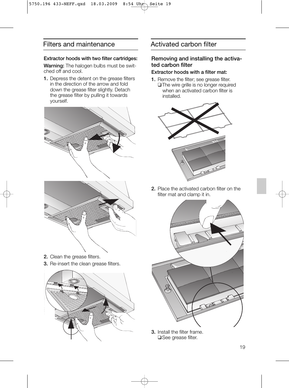 Filters and maintenance, Activated carbon filter | Neff D5675X0 User Manual | Page 19 / 100