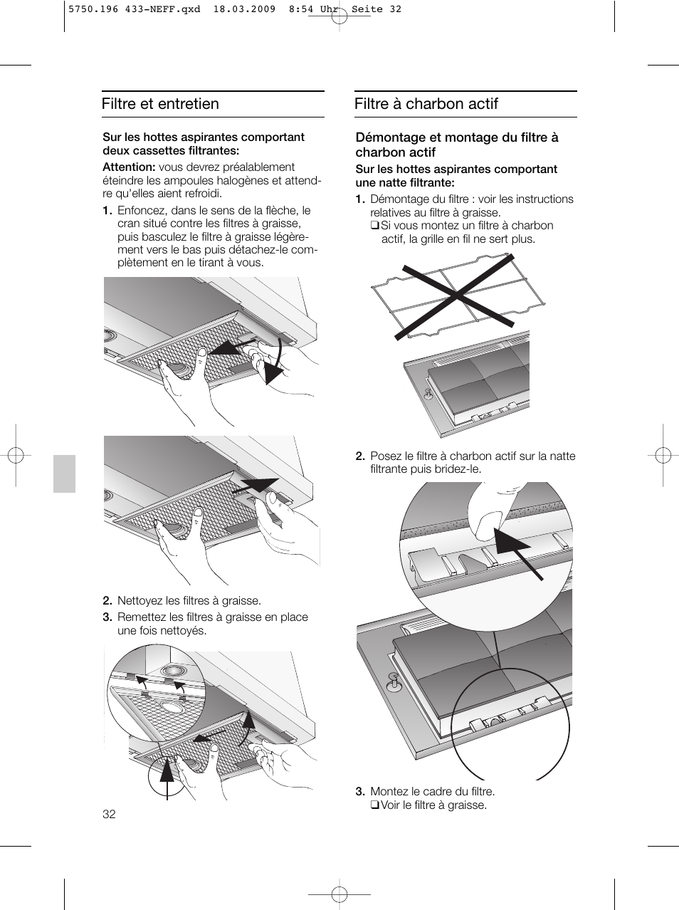 Filtre et entretien, Filtre à charbon actif | Neff D5675X0 User Manual | Page 32 / 100