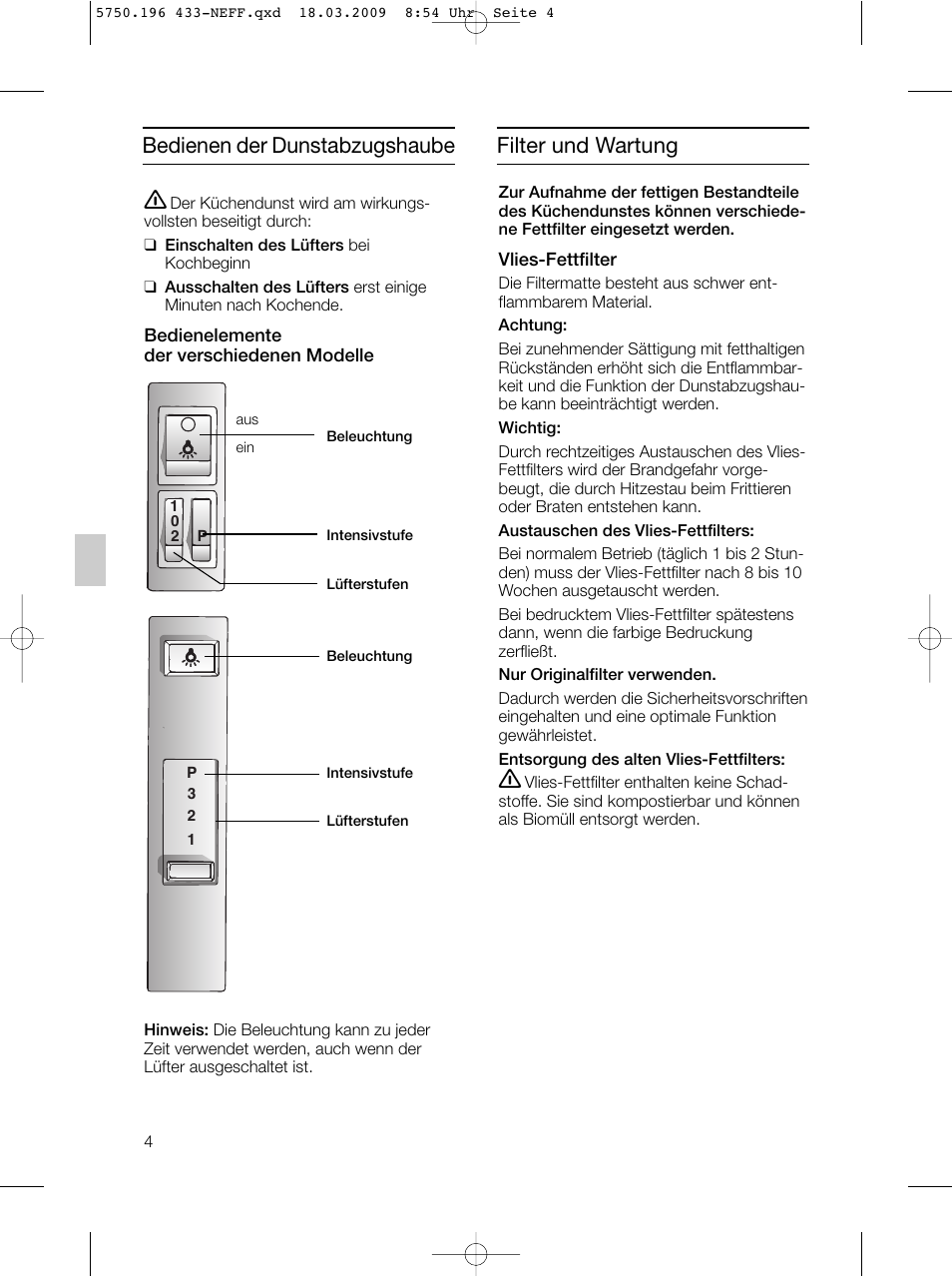 Bedienen der dunstabzugshaube, Filter und wartung | Neff D5675X0 User Manual | Page 4 / 100