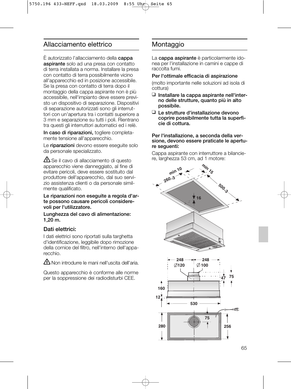 Allacciamento elettrico montaggio | Neff D5675X0 User Manual | Page 65 / 100