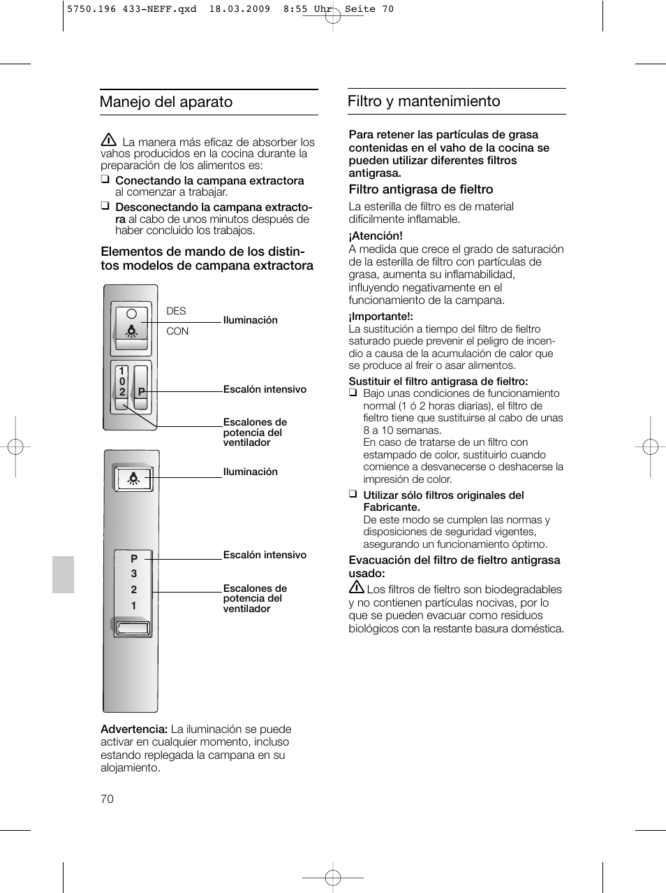 Filtro y mantenimiento, Manejo del aparato | Neff D5675X0 User Manual | Page 70 / 100
