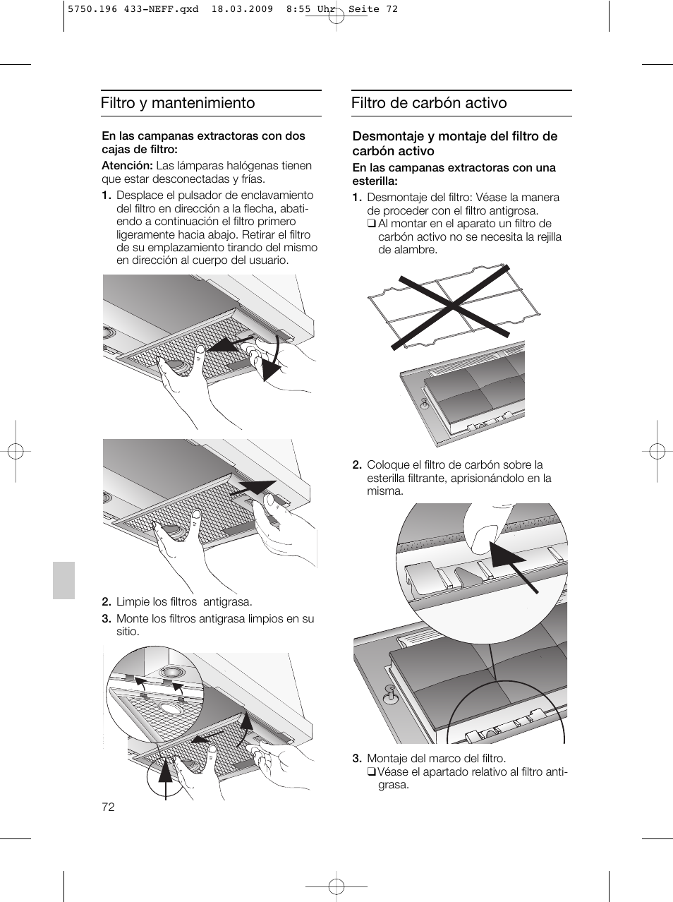 Filtro de carbón activo, Filtro y mantenimiento | Neff D5675X0 User Manual | Page 72 / 100