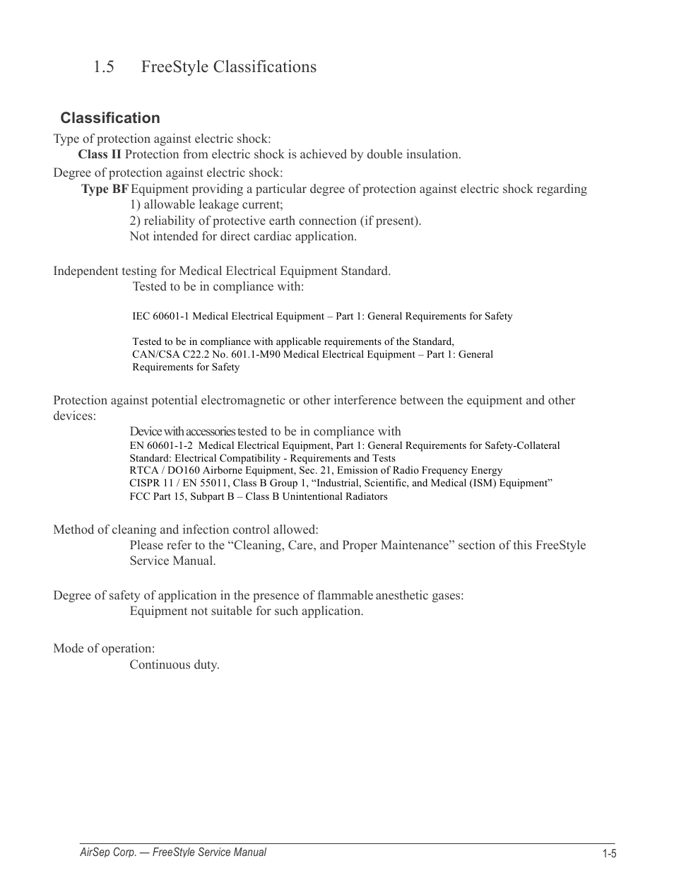 5 freestyle classifications, Classification | AirSep MN126-1 C User Manual | Page 11 / 69