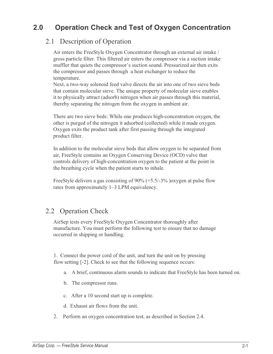 0 operation check and test of oxygen concentration, 1 description of operation, 2 operation check | AirSep MN126-1 C User Manual | Page 13 / 69