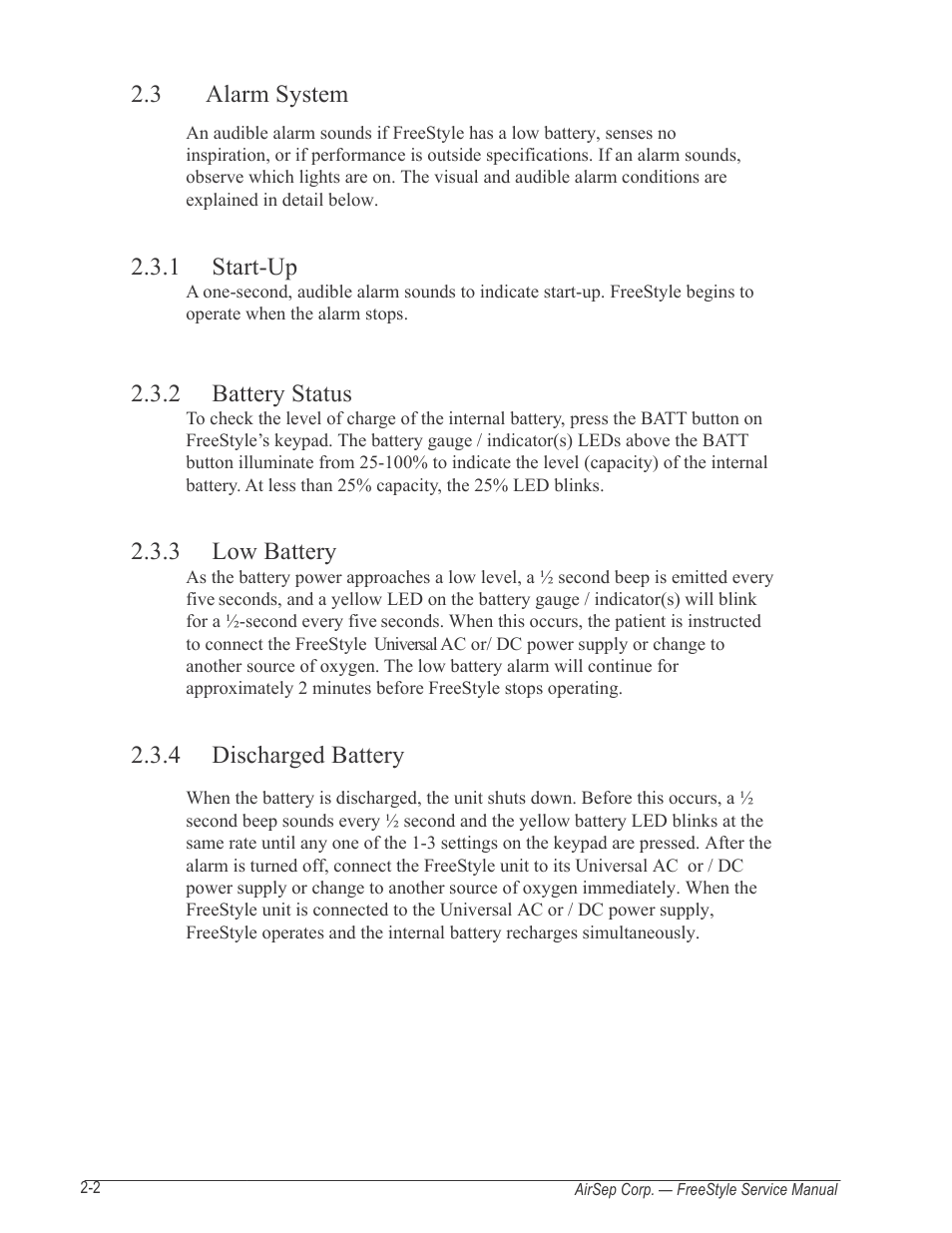 3 alarm system, 1 start-up, 2 battery status | 3 low battery, 4 discharged battery | AirSep MN126-1 C User Manual | Page 14 / 69