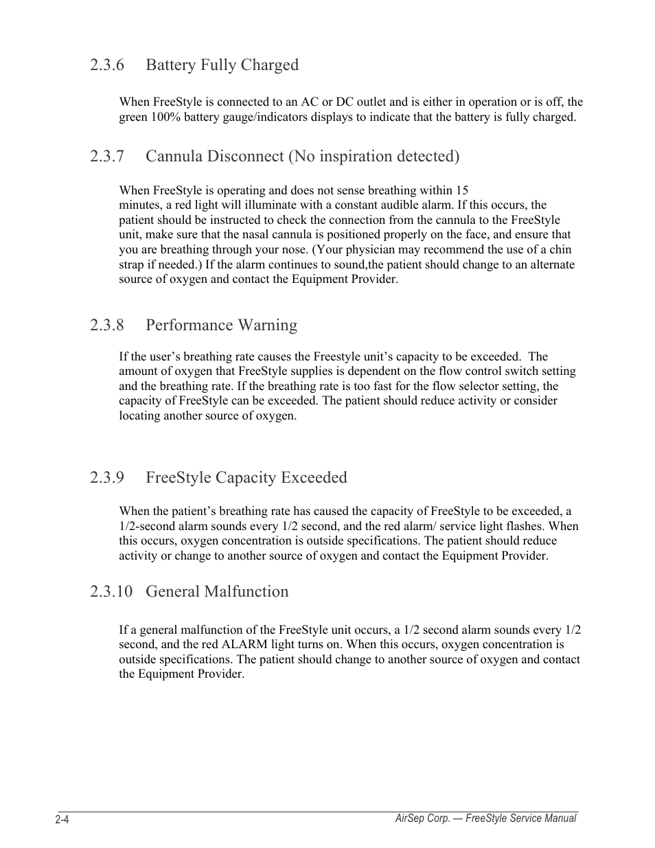 6 battery fully charged, 7 cannula disconnect (no inspiration detected), 8 performance warning | 9 freestyle capacity exceeded, 10 general malfunction | AirSep MN126-1 C User Manual | Page 16 / 69